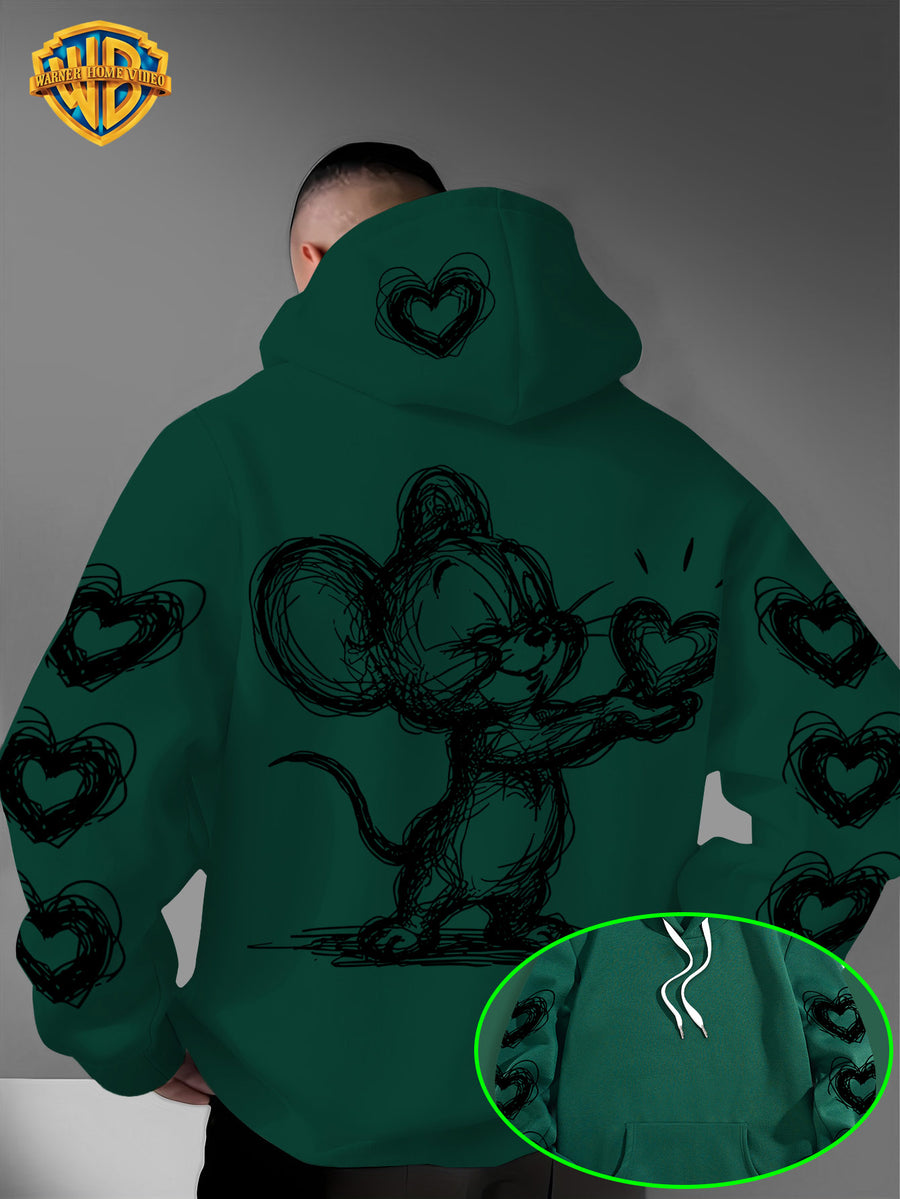 Warner Bros. Officially Licensed Men's Hoodie, Featuring Retro-style Cartoon Character Heart-shaped Pattern Design, Hand-drawn Sketch Art Print, Suitable for Casual Streetwear, Ideal for Daily Wear, for Travel or Weekend Outings - Green