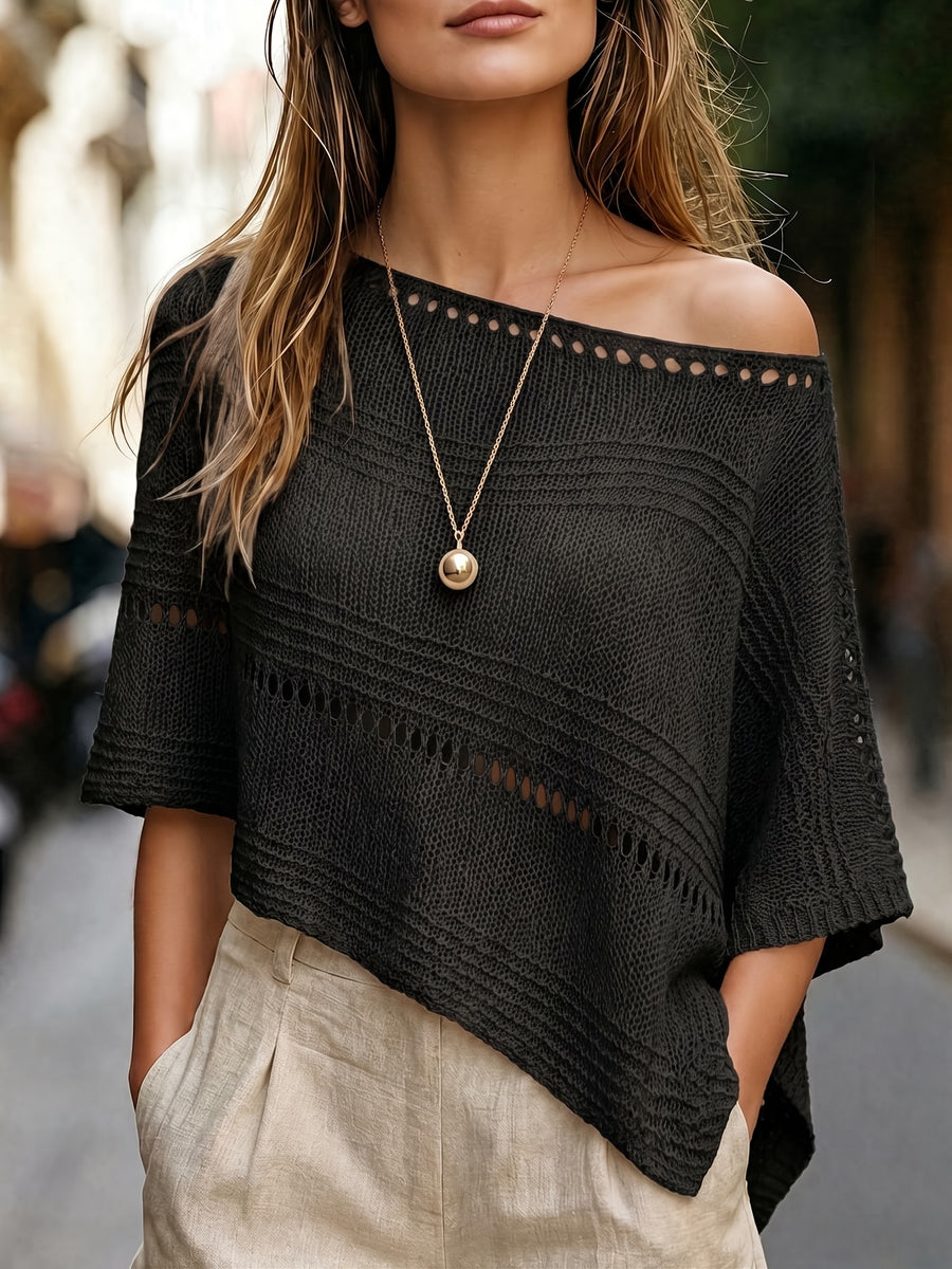 Women's Hollow-Out Cape Top, Boat Neck Irregular Hem Summer Beach Cover-Up, Seaside Bohemian Vacation Style Casual Top, Lightweight Breathable Loose Knitwear, Mesh Detail Horizontal Stripes, Relaxed Layering Style, Suitable for Holidays, Daily Wear - Black