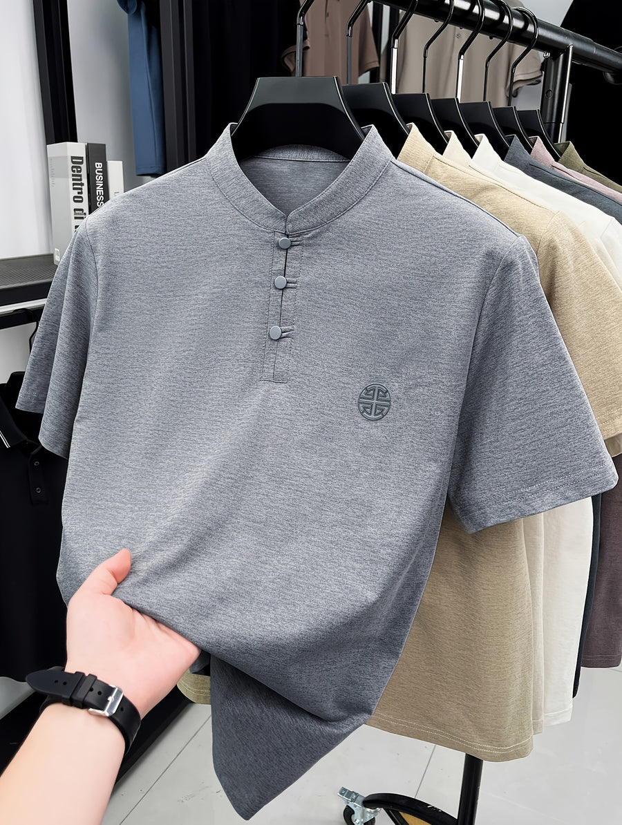 Men's Chinese Mandarin Button-Up Stand Collar T-Shirt - Breathable Loose Fit Short Sleeve Round Neck Top with Mandarin Collar, Suitable for Casual Wear, Traditional Chinese Style Button Collar Shirt - Grey