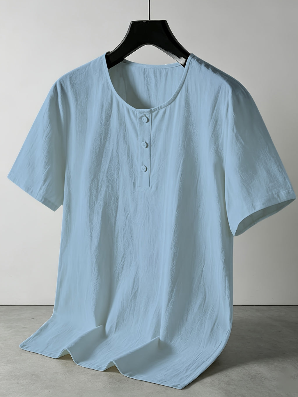 Men'S Summer -Linen Half-Zip Short Sleeve T-Shirt - Breathable Crew Neck Casual Top - Sky Blue