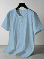 Men'S Summer -Linen Half-Zip Short Sleeve T-Shirt - Breathable Crew Neck Casual Top - Sky Blue