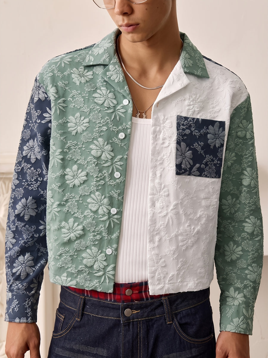 Men'S Shirt Contrast Color Patchwork Jacquard Fabric Trendy Fashion Casual Street New Short Length Spring Autumn Men'S Casual Shirt - Sea Blue