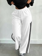 Halloween Autumn/Winter 2027NEW Women's Drawstring Waist Pocket Patchwork Casual Sweatpants, Ladies' Spring Autumn Casual Drawstring, Pockets, Side Stripe Natural Straight Leg Long Loose Pants, Casual Daily Wear, Back to - White