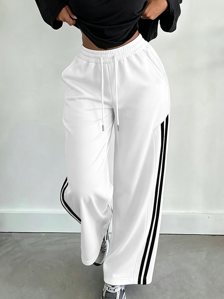 Halloween Autumn/Winter 2027NEW Women's Drawstring Waist Pocket Patchwork Casual Sweatpants, Ladies' Spring Autumn Casual Drawstring, Pockets, Side Stripe Natural Straight Leg Long Loose Pants, Casual Daily Wear, Back to - White