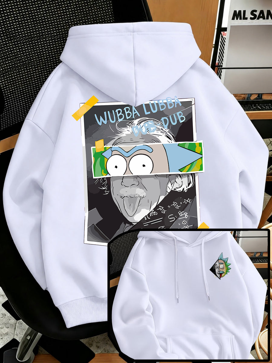 Warner Bros Official Men's Fashion Sweatshirt, Rick's Classic Catchphrase Collage Einstein Polaroid Print Design, Men's Fashion Hoodie Loose Fit with Adjustable Drawstring, -Lined Sweatshirt for Comfortable Fall/Winter Wear, Outdoor Sports Casual - White
