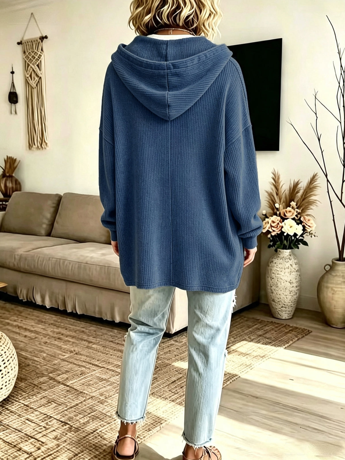 Plus Size - Western New Autumn Winter Solid Color Lapel Long Sleeve Pocket Drawstring Hooded Sweatshirt - Blue