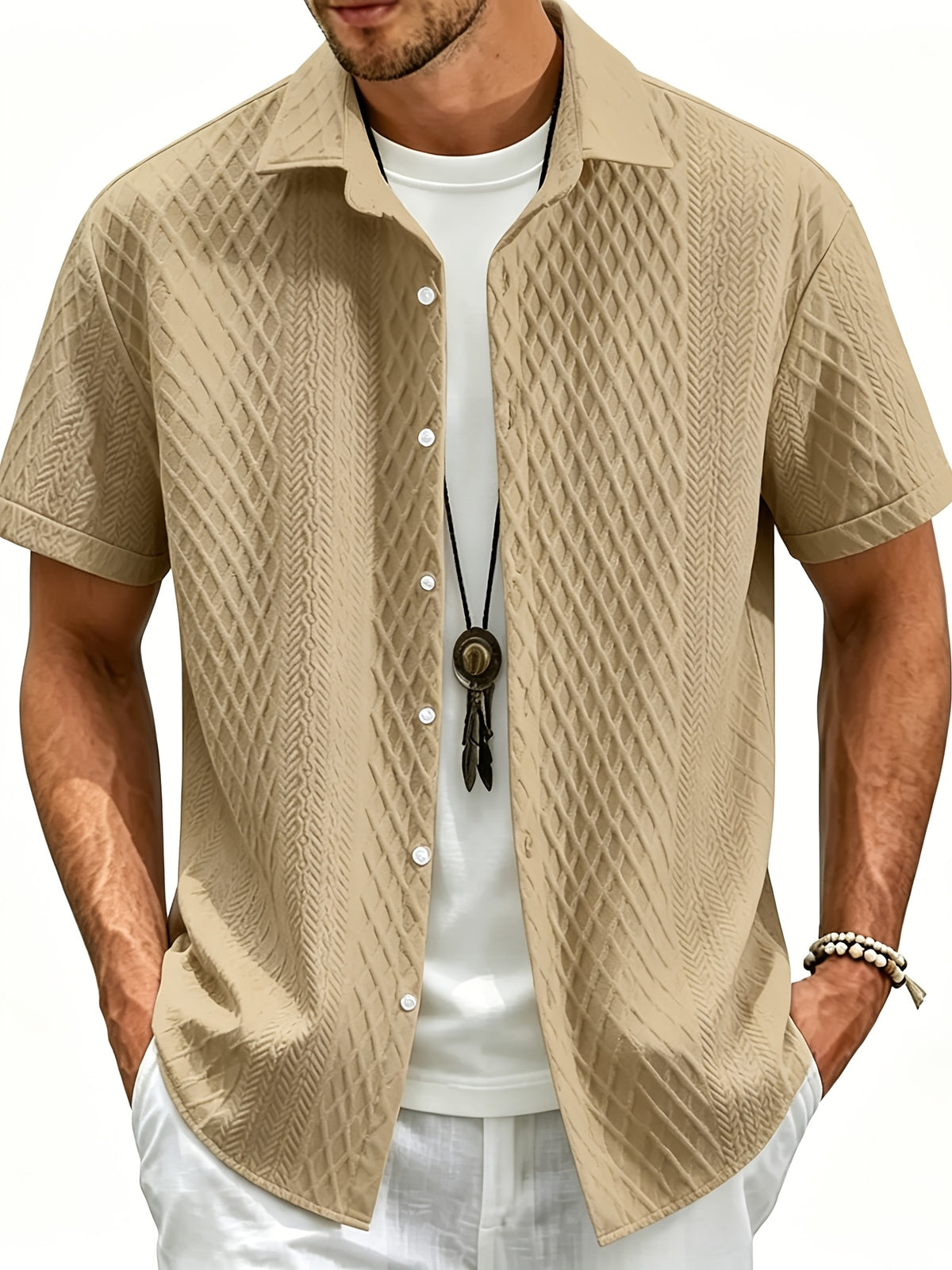 Men's Summer Casual Short-Sleeve Shirt, Jacquard Cardigan, for Daily Commuting, Casual and Relaxed, Loose and Breathable, for Fishing, Basketball, Camping, Beach - Khaki