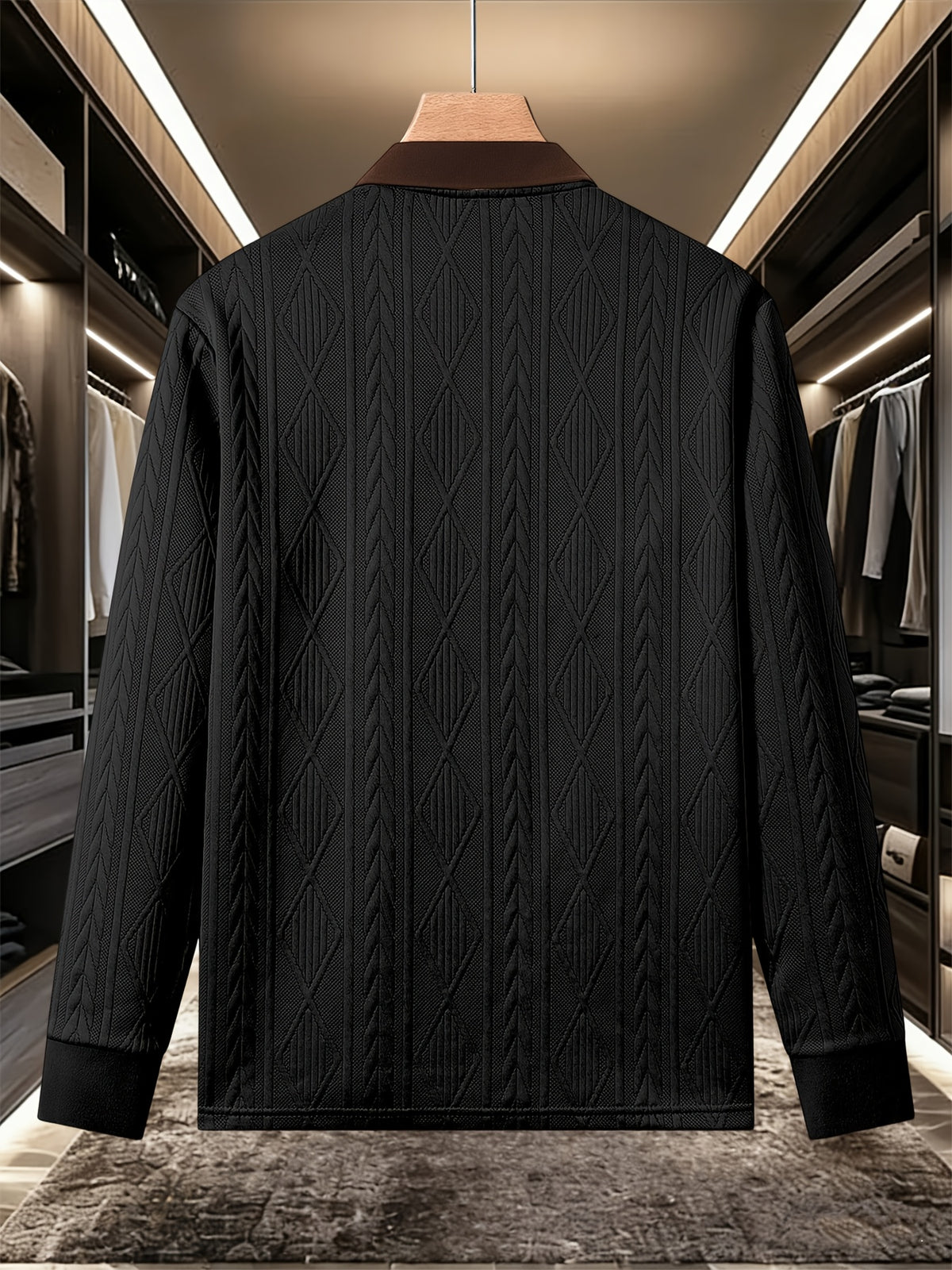 Men'S Fashion Long Sleeve Polo Shirt | Premium Contrast Collar Jacquard Design T-Shirt | Essential Golf Polo Wear | Breathable Warm And Skin-Friendly Comfort | Indoor Gatherings And Outdoor Sports | Wardrobe Essential Casual Vacation Trendy Style | - Black