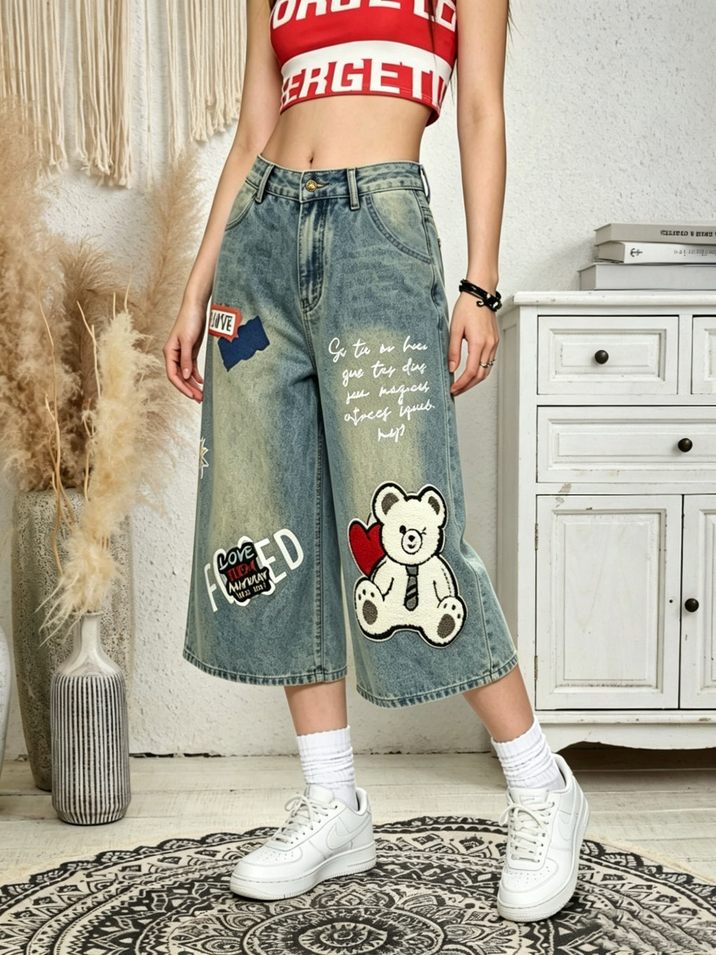 Y2K Vintage Washed Denim Capri Pants, 3D Plush Bear And English Letter Pattern, Wide Leg Mid-Length Shorts, High Waist Style, Fashion Casual All-Match Women'S Fashion > Women'S Clothing > Women'S Denim > Women'S Denim Shorts - Blue