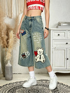 Y2K Vintage Washed Denim Capri Pants, 3D Plush Bear And English Letter Pattern, Wide Leg Mid-Length Shorts, High Waist Style, Fashion Casual All-Match Women'S Fashion > Women'S Clothing > Women'S Denim > Women'S Denim Shorts - Blue