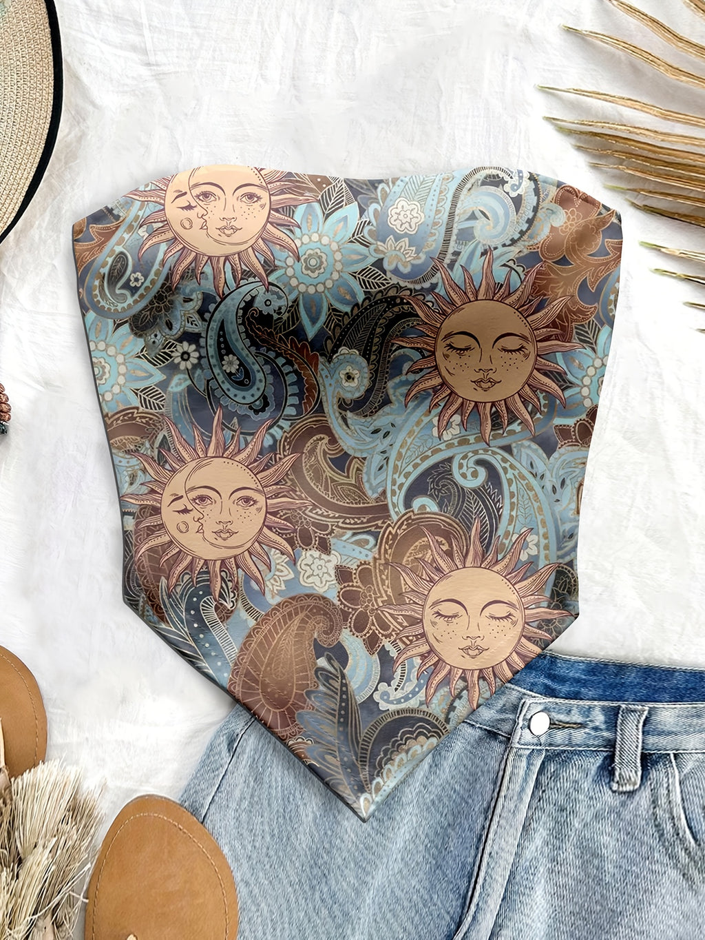 Women'S Spring/Summer New Brand Special Boho Beach Tropical Vacation Outfits | Retro Sun Pattern Print Slim Fit Bustier Crop Tops with Asymmetrical Bandeau Collar - Bright Steel Blue