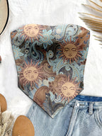 Women'S Spring/Summer New Brand Special Boho Beach Tropical Vacation Outfits | Retro Sun Pattern Print Slim Fit Bustier Crop Tops with Asymmetrical Bandeau Collar - Bright Steel Blue