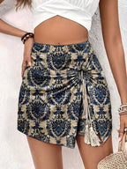 Vintage Floral Print A-Line Casual Beach Shorts with Semi-Tied Waist & Fringe Details - Machine Washable Non-Stretch Fabric for Spring Summer Fall Daily Wear, No Stretch Material - Navy Color