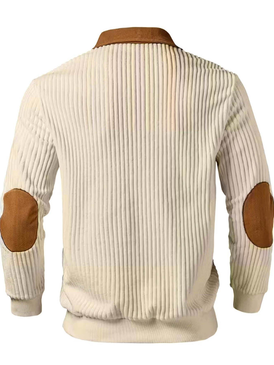 Men'S Contrast Half-Zipper Polo, with Brown Patchwork, Bi-Color Design Men'S Long Sleeve - Apricot