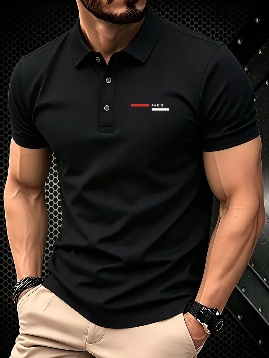 PARIS Pattern Print - Premium Men'S Classic Fashion Sport Casual Solid Color Short Sleeve Polo Shirt, Stylish And Breathable, Quick-Dry And Moisture-Wicking, Soft And Skin-Friendly, Multifunctional Polo Shirt Designed for Men - Black