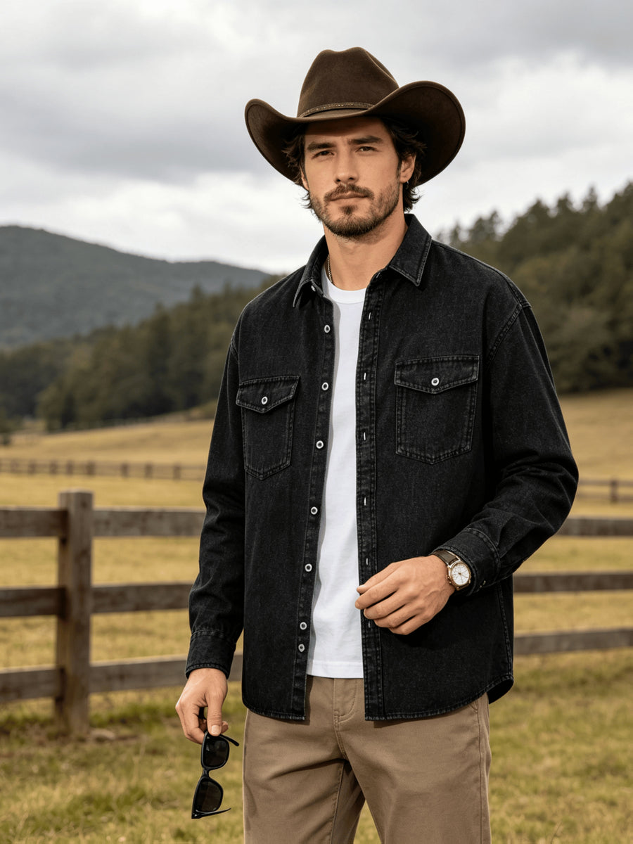 Men'S 100% Denim Long Sleeve Shirt, Vintage Lapel Double Chest Pockets Workwear Button, Durable, Breathable And Wrinkle-Resistant, Loose Fit for Daily Commute, Outdoor And Casual Wear, Suitable for Spring, Autumn And Winter Layering - Black