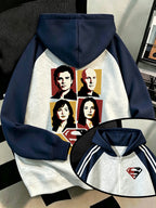 Men'S Shoulder Sleeve Color-Block Hooded Zipper Cardigan Sweatshirt, Superman Precursor Smallville Print, Autumn/Winter Loose Contrast Striped Sporty Hoodie, Trendy Fashion Casual All-Match Sporty Zipper Pocket Hooded Men'S Sweatshirt - Gray And Navy Blue