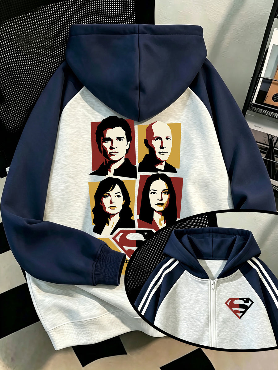 Men'S Shoulder Sleeve Color-Block Hooded Zipper Cardigan Sweatshirt, Superman Precursor Smallville Print, Autumn/Winter Loose Contrast Striped Sporty Hoodie, Trendy Fashion Casual All-Match Sporty Zipper Pocket Hooded Men'S Sweatshirt - Gray And Navy Blue