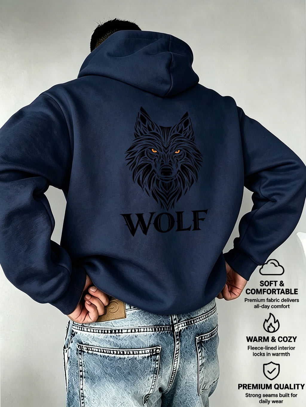 Men's Hooded Sweatshirt WOLF - Realistic Wolf Head Print, European and American Dark Style Men's Casual Sweatshirt - Navy Color