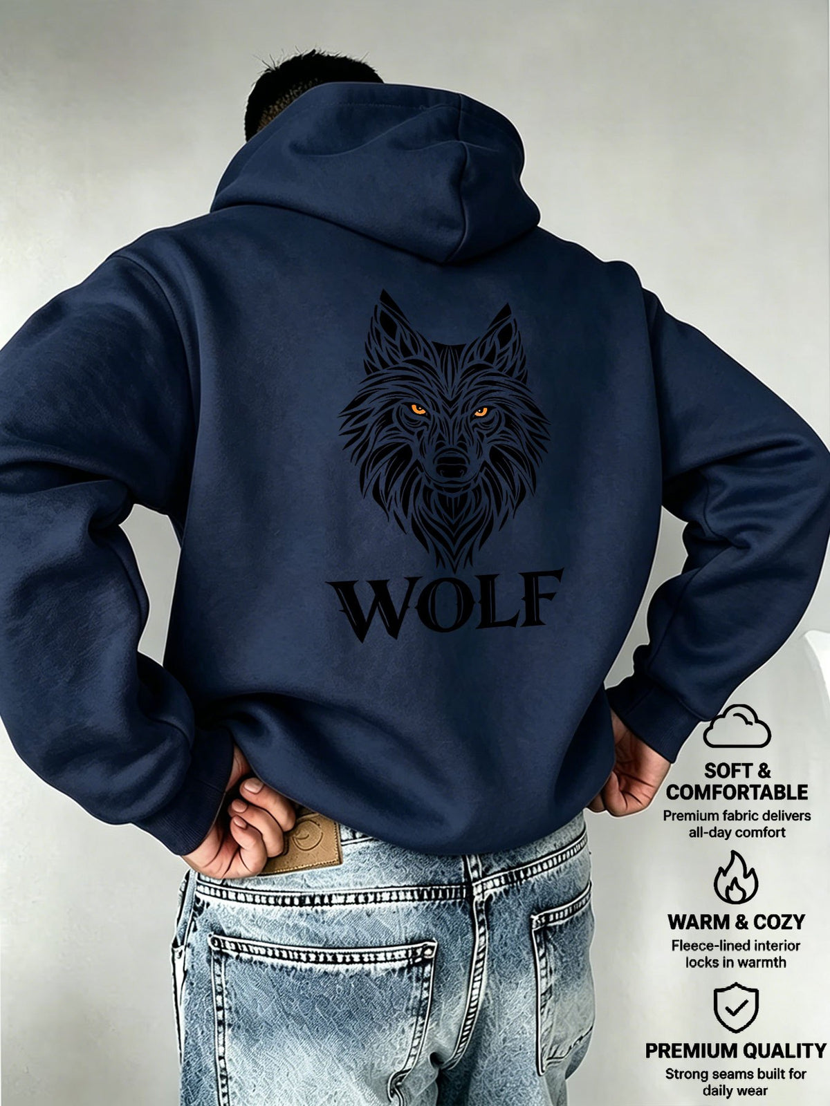Men's Hooded Sweatshirt WOLF - Realistic Wolf Head Print, European and American Dark Style Men's Casual Sweatshirt - Navy Color