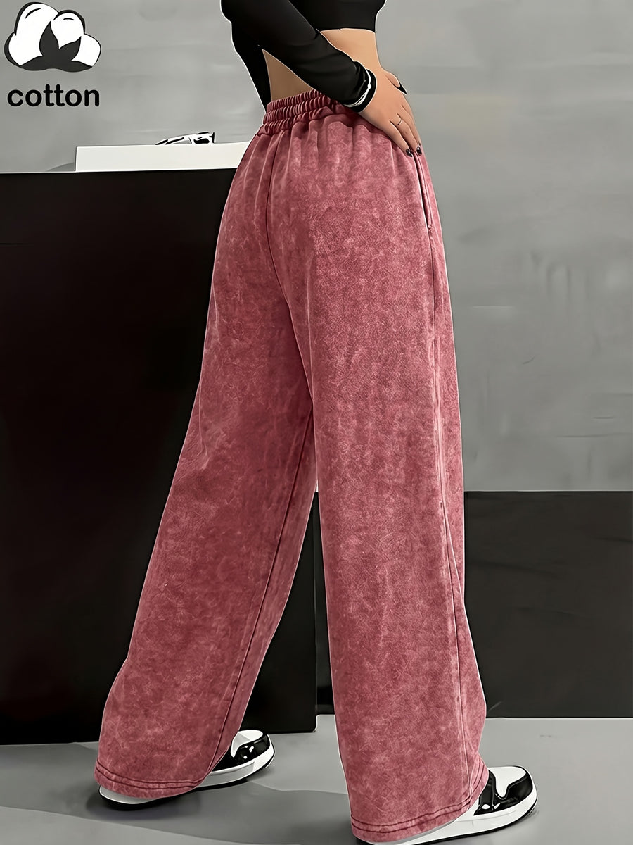Women's High-Waisted Wide-Leg Pants | Wide-Leg Trousers with "Brooklyn New York" Print | Washed Elastic Drawstring Street Style Pants - Red