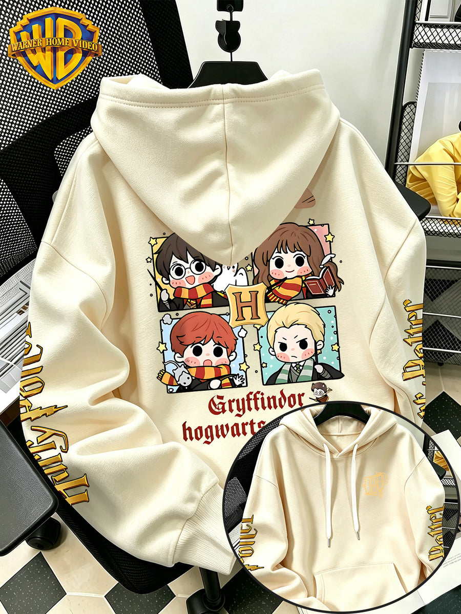 Warner Bros Official Q-Version Four-Panel Magic Boy Group Print Hoodie - Men's Fashion Hoodie with Adjustable Drawstring, Loose and Comfortable Sweatshirt, Suitable for Daily and Outdoor Sports Wear, the Perfect Choice for Warmth in Autumn - Apricot