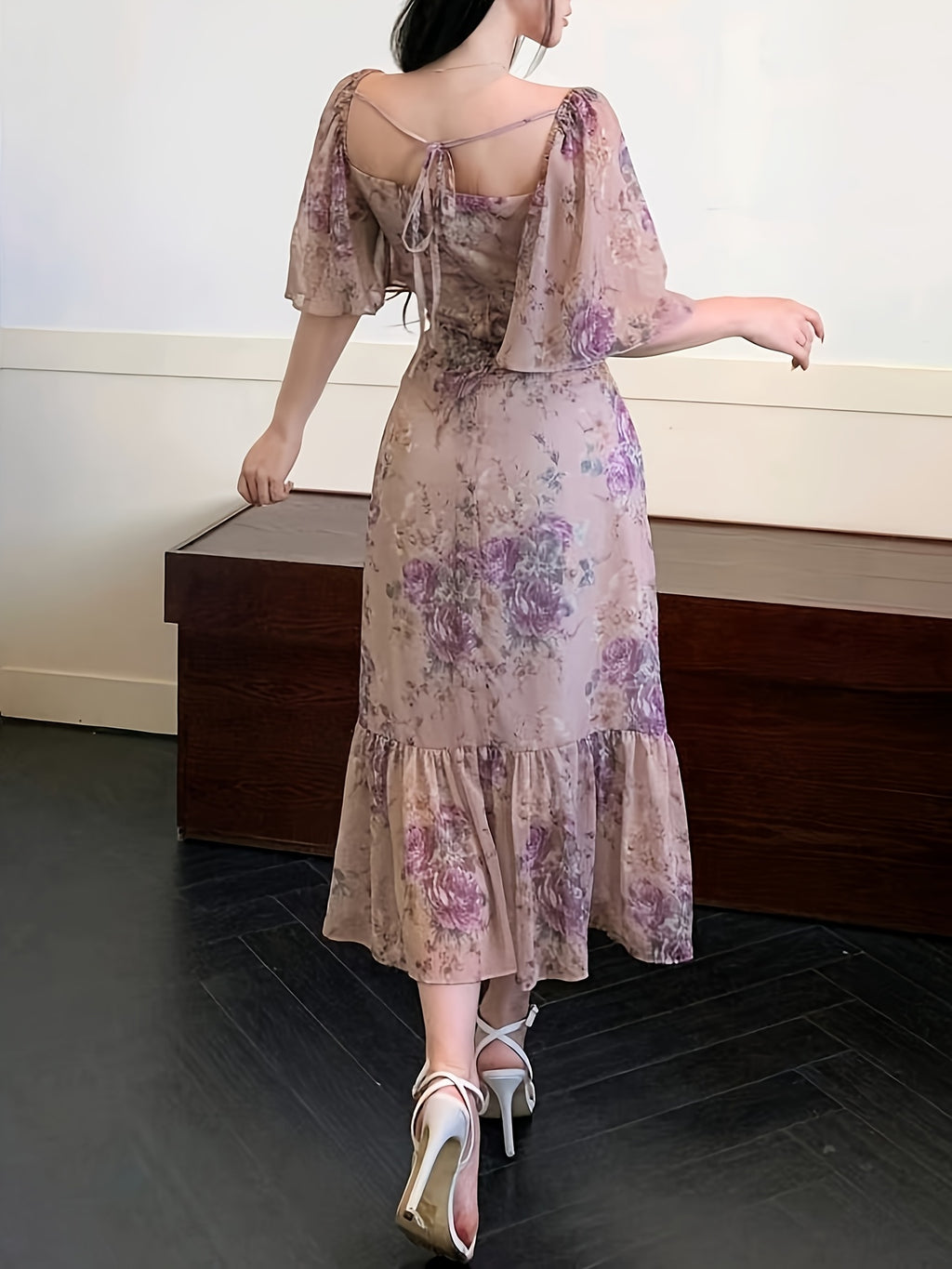 Women's Dress, Small Floral Elegant Dress, Women's Short Sleeve Holiday Dress - Violet Blue