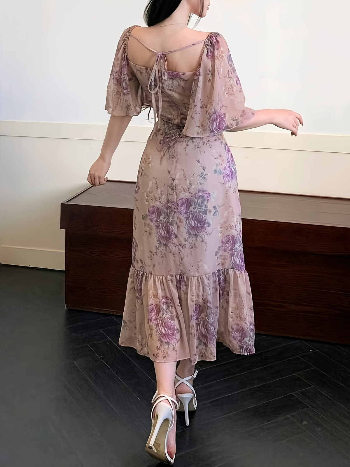 Women's Dress, Small Floral Elegant Dress, Women's Short Sleeve Holiday Dress - Violet Blue