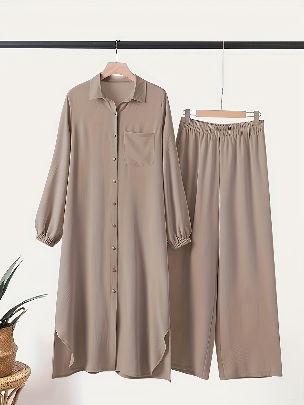 Yuhongfei DJ0610156 Muslim Women's Arabic Style Solid Color Long Sleeve Shirt and Wide-Leg Pants 2pcs Set - Khaki