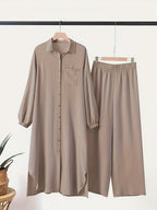 Yuhongfei DJ0610156 Muslim Women's Arabic Style Solid Color Long Sleeve Shirt and Wide-Leg Pants 2pcs Set - Khaki