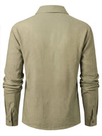 Men's Vintage Lace-Up Lapel Long-Sleeve Linen Shirt Casual Pullover Textured Shirt - Military Green
