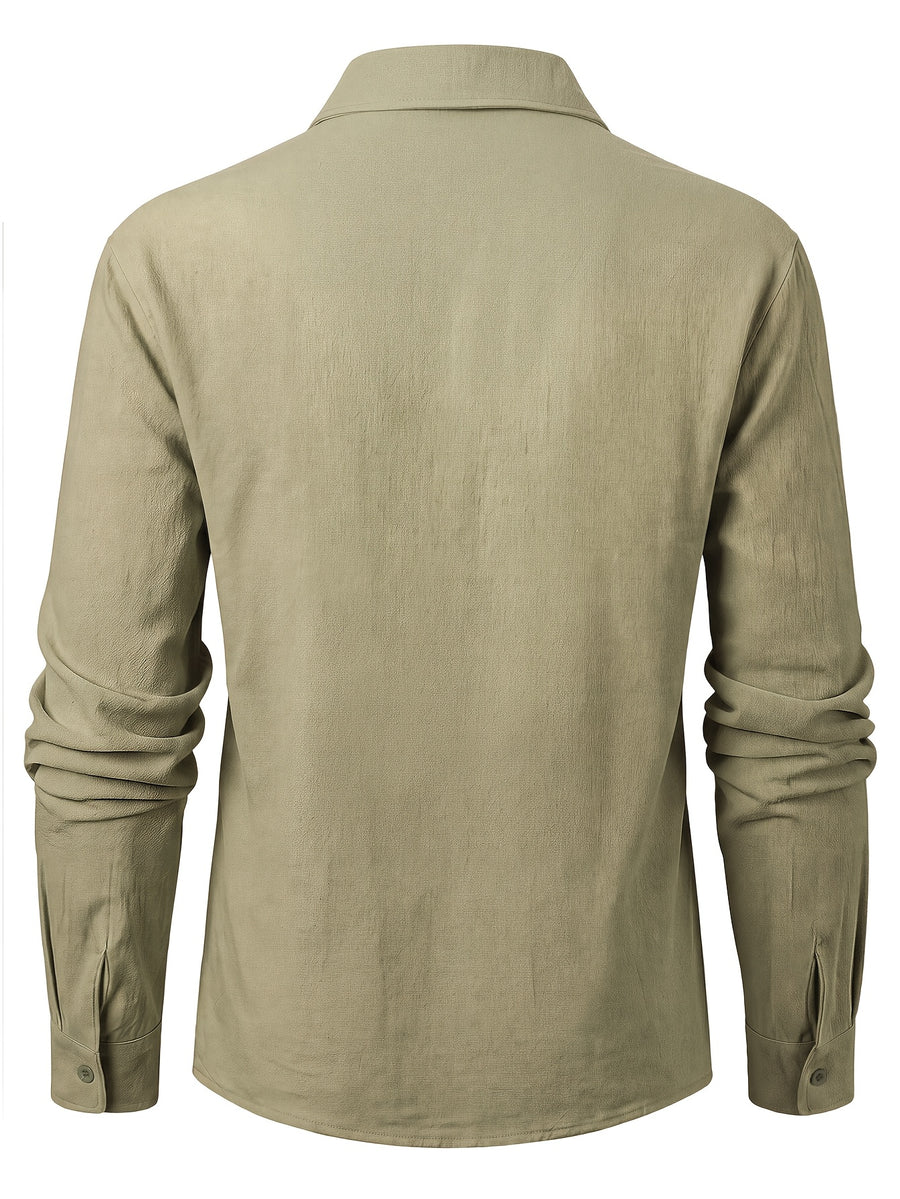 Men's Vintage Lace-Up Lapel Long-Sleeve Linen Shirt Casual Pullover Textured Shirt - Military Green