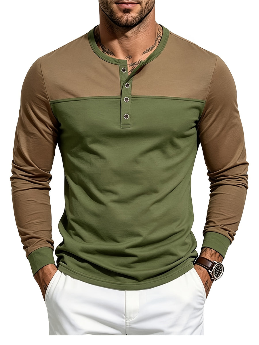 Men's Long Sleeve Henley T Shirt, Color Block Button Placket Pullover Top Loose Fit Casual Tee, Workout Sports Daily Commute Fall Mens Clothing - Brown On Top And Green On Bottom