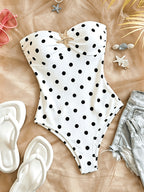 New 26-Year Style Women's Bodysuit Top with Polka Dot Print, Crop Top Design, Metal Decoration, Y2K Style - White