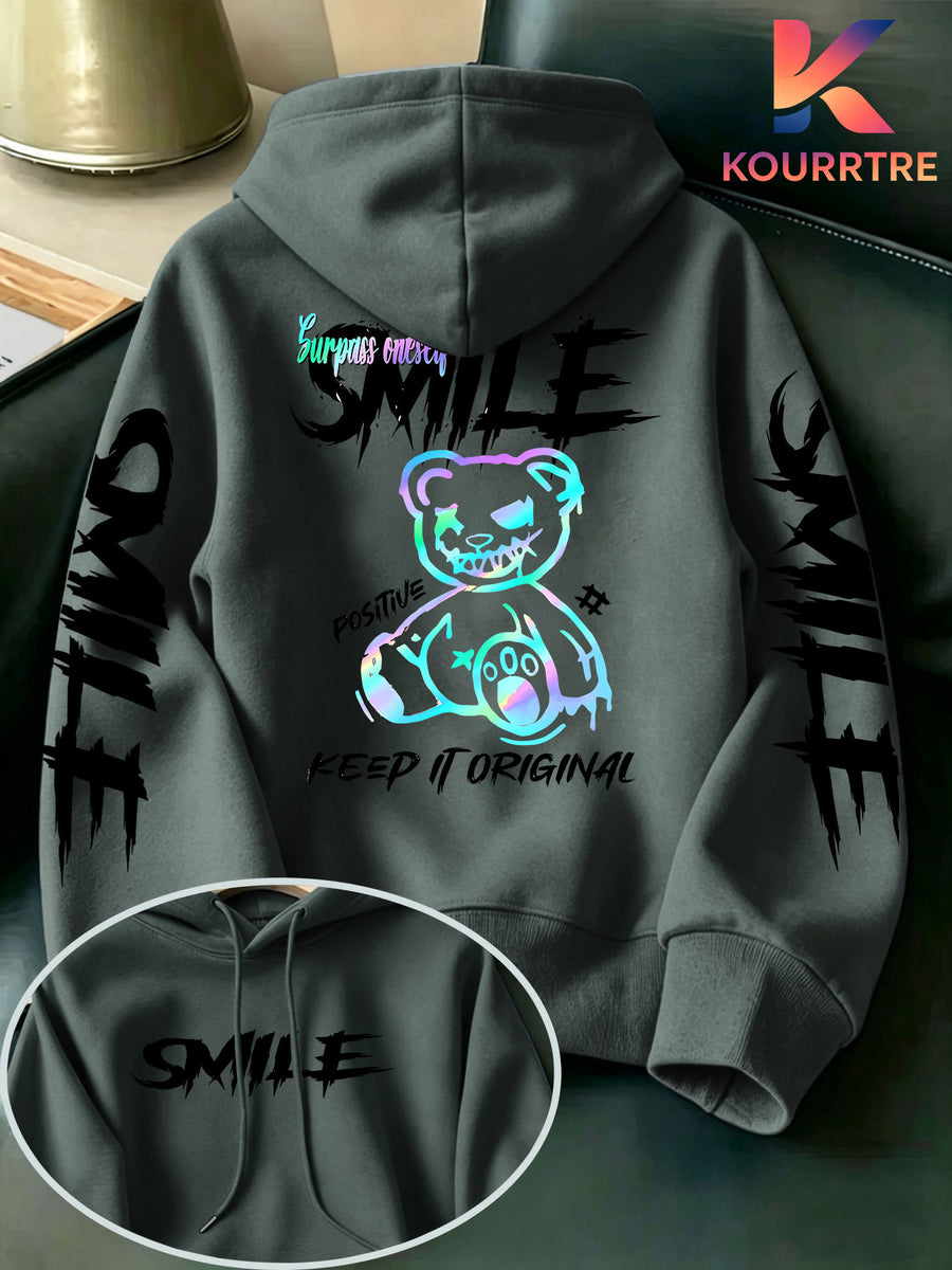 Men's Street-Style Cool Gradient Bear Symbol Hooded Sweatshirt, Featuring a Graffiti Bear Personality Print, Embodying American Street Fashion Culture, an Exclusive Item for Trendsetters! This Men's Hooded Sweatshirt Is Made from Selected - Gray Green
