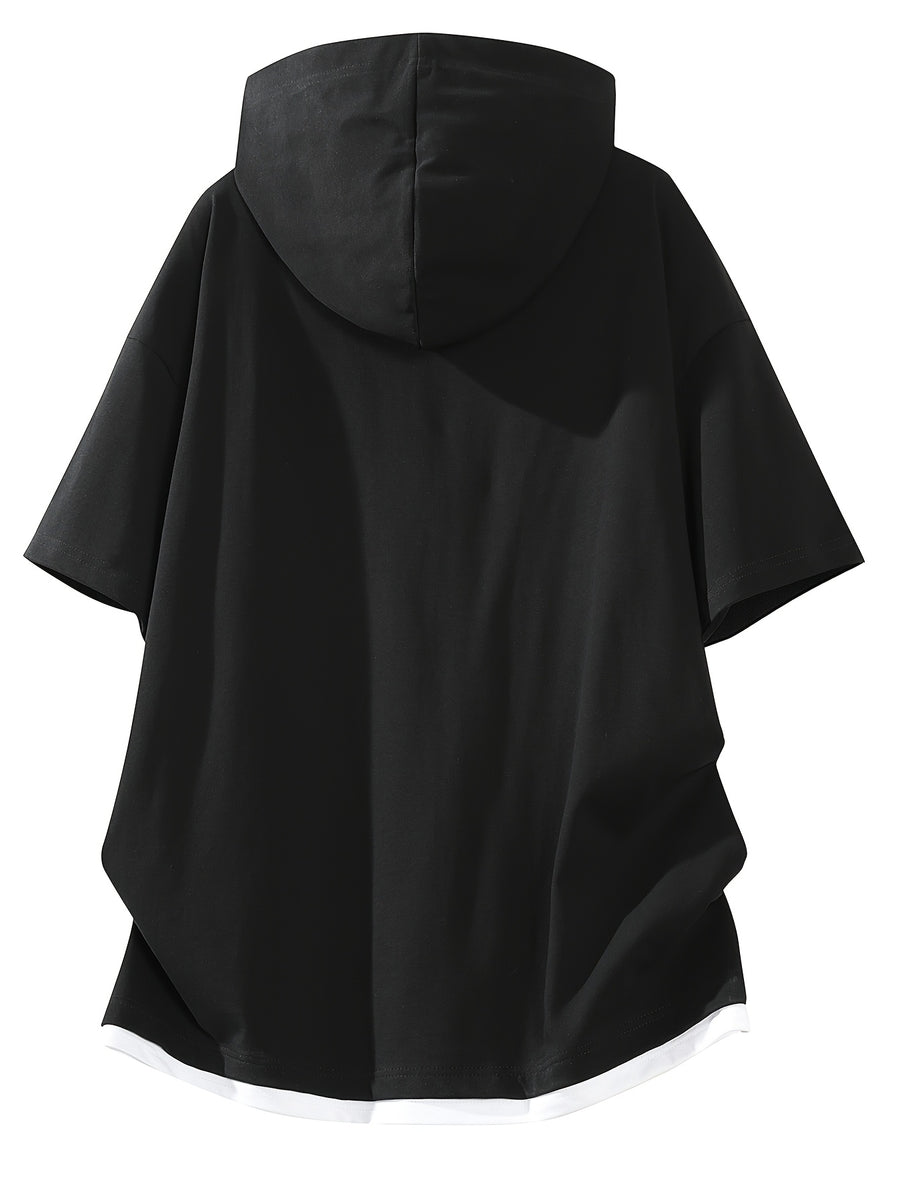 Hooded Short-Sleeve T-Shirt, New Summer Fashion V-Neck Men's Top, Casual Sportswear for Men - Black