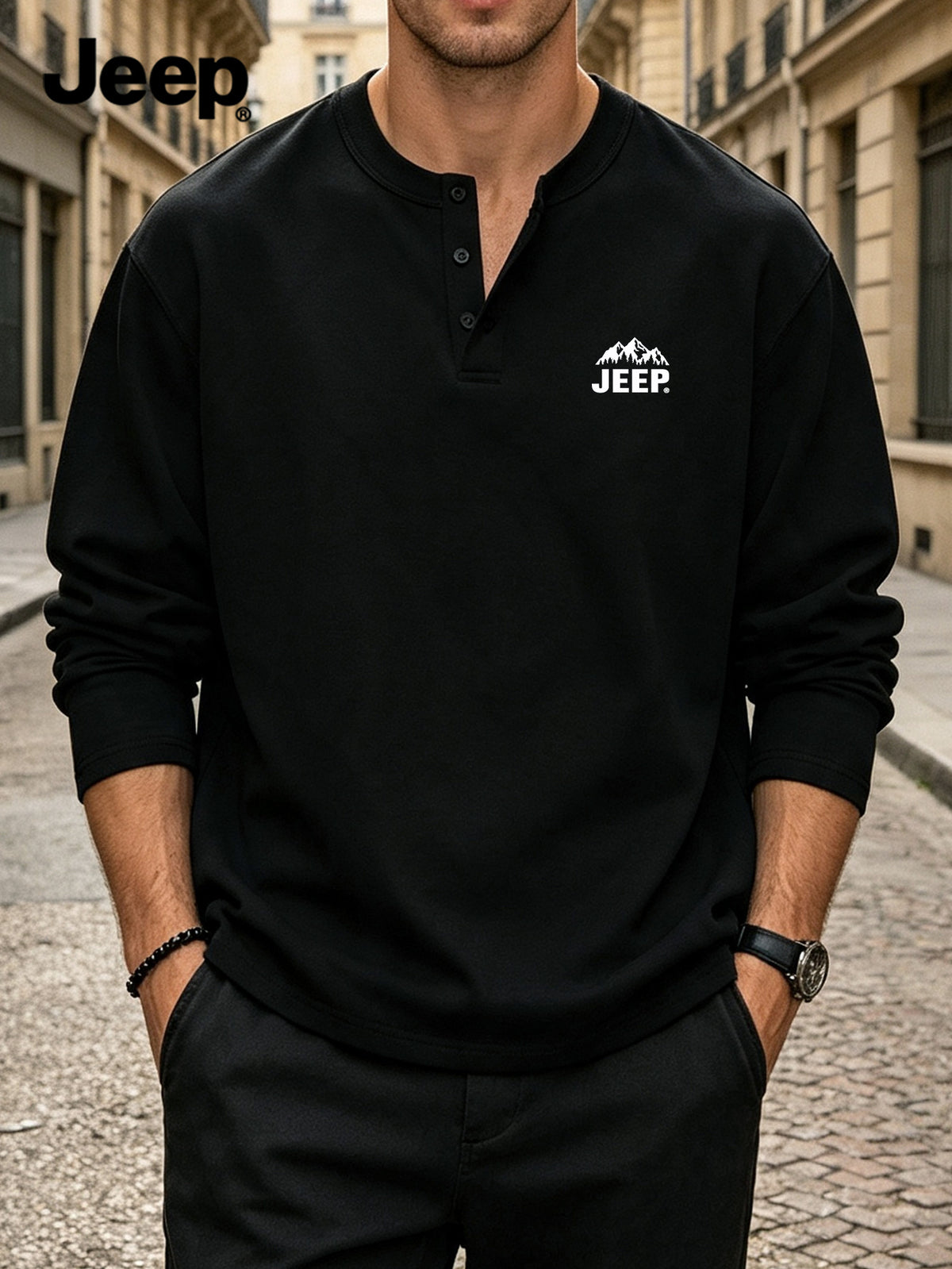 JEEP Men'S Henley Collar Half-Button T-Shirt Spring Autumn Blend Button-Up Long Sleeve Outdoor Casual All-Match Top - Black