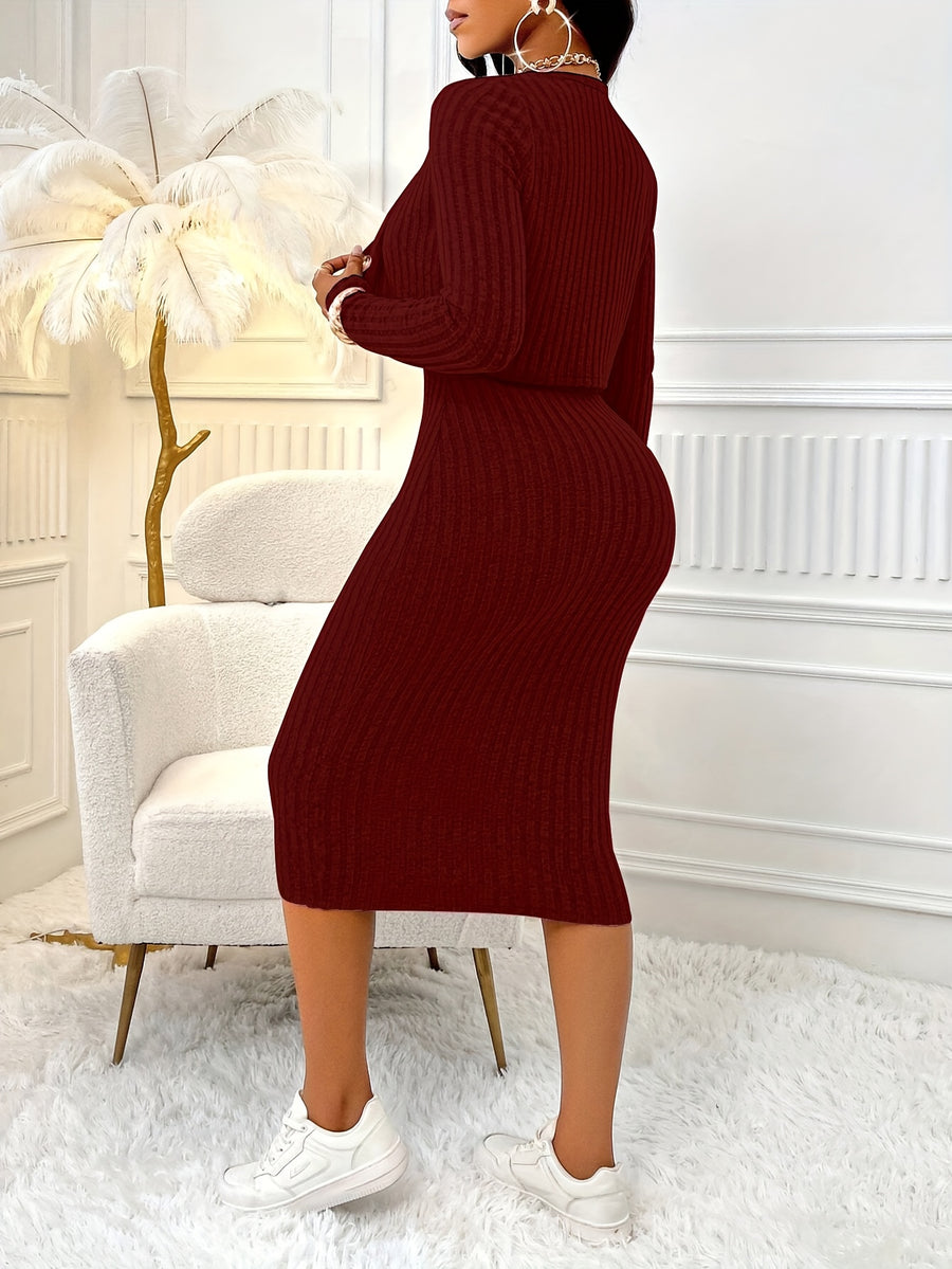 Spring and Autumn Slim-Fit Solid Color Elegant Women's Dress Set - Deep Red
