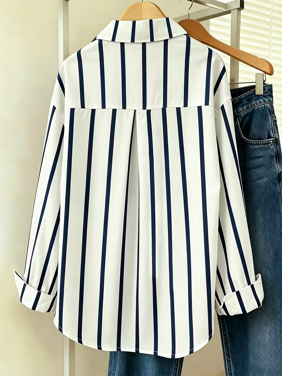 Women's French Style Vertical Striped Button Shirt - Navy & White Blouse Collar Blouse, Loose Fit Long Sleeve Button-Front Top for Office, Casual & -Casual Wear, Machine Washable Suitable for - Blue And White Stripes