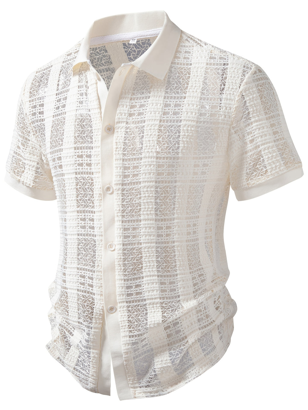 [Zhiyu'S Obm]European And American Men'S Middle Eastern Hollow Textured Jacquard Drop Shoulder Short Sleeve Shirt - White