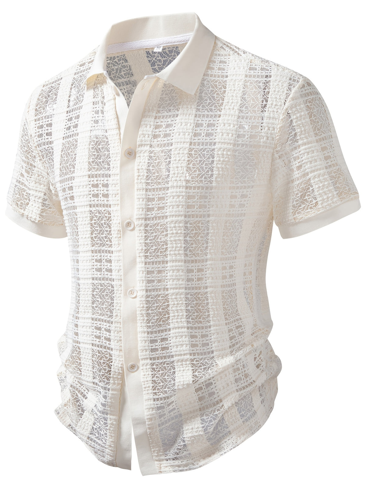 [Zhiyu'S Obm]European And American Men'S Middle Eastern Hollow Textured Jacquard Drop Shoulder Short Sleeve Shirt - White