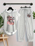 2025 New Women'S Casual Two Piece Drawstring Hoodie And Pants Set - Skull with Love And Coffee Patterns, Sleeveless Hoodie with Pocket, Elastic Waist Pants, Suitable for Spring And Summer, Holiday Gift Ideas - Light Grey