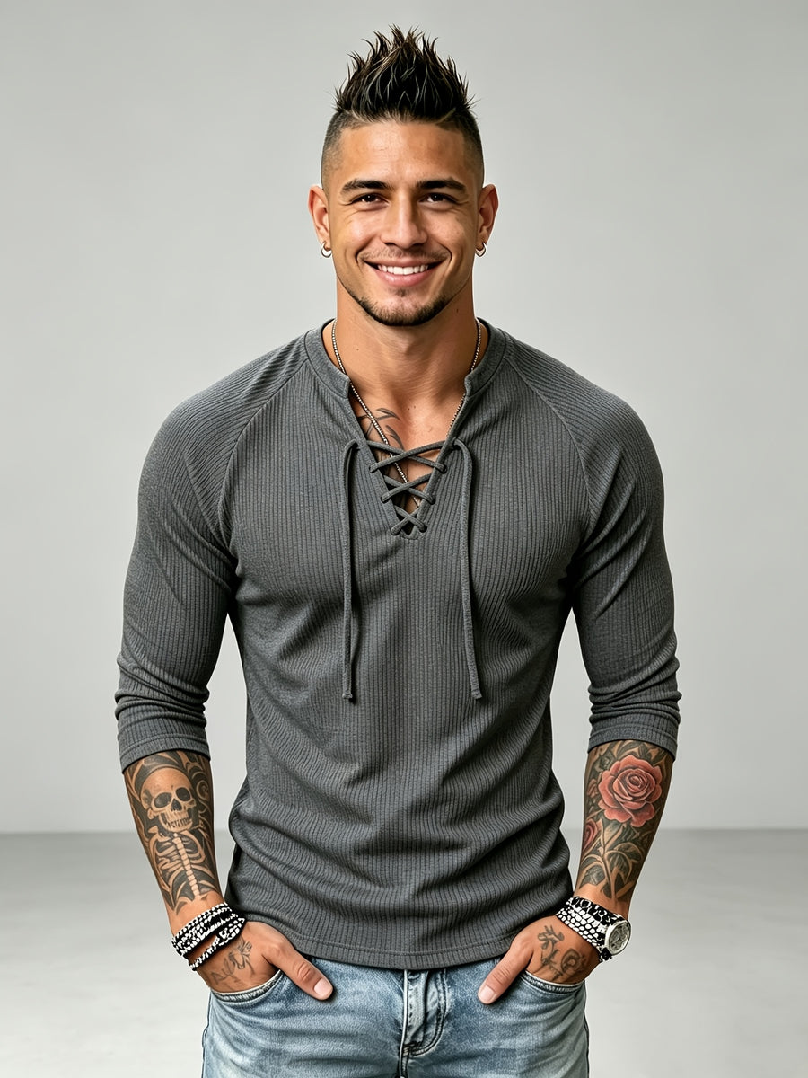3pcs Set of New Men'S Long Sleeve Drawstring Henley Shirts, Ribbed Knit V-Neck Muscle T-Shirts, Slim Fit Stretch Fitness Tops, Casual Street Fall Winter Base Layers, Slim But Not Tight, Suitable for Commuting And Dates, Multi-Color Options - Gray+black+white