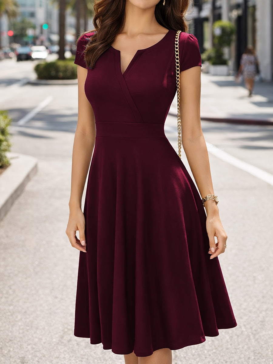 Summer Women'S Fashion Easy Solid Color Cross V-Neck Short Sleeve Waist-Cinching A-Line Midi Dress, Suitable for Daily Wear, Commuting, Office, And Business Formal Occasions - Burgundy