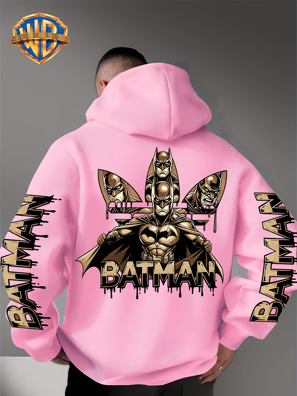 Warner Bros. Official Men's Hooded Sweatshirt - 1pc, Batman BATMAN Vintage Black and Golden Drip Lettering Creative Print, Trendy and Cool DC Superhero IP Graphic Hoodie, Skin-Friendly, Comfortable, and Warm Fabric, Kangaroo Pocket with Ribbed Cuffs - pink