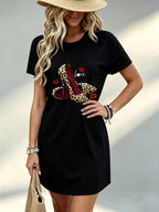 Printed Design - Not Textured, Casual Ladies Dress, Leopard Print High Heels Graphic, Daily Wear, Gift for Her, 100% Polyester Fiber - Black