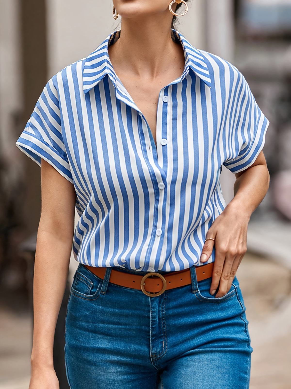 Women'S Relaxed Fit Striped Batwing Sleeve Button-Up Shirt - Blue and White, Casual Summer Top with Short Sleeves, Casual Summer Top|Striped Pattern|Comfortable Fit - Multicolor