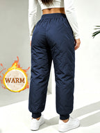 Hidkat Women's Winter Thermal Trousers - -Lined Thickened Pants with Soundwave Technology Embossed Fabric, Zipper Pockets & Adjustable Waist, Cuffed Tapered Trousers Suitable for Outdoor Casual Wear, Gift Exchange (Hand Washable) - Dark Blue