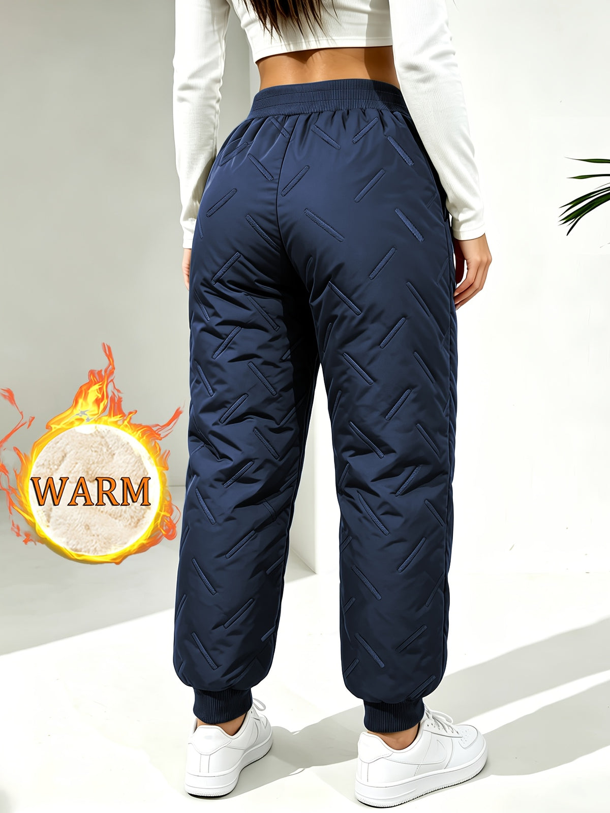 Hidkat Women's Winter Thermal Trousers - -Lined Thickened Pants with Soundwave Technology Embossed Fabric, Zipper Pockets & Adjustable Waist, Cuffed Tapered Trousers Suitable for Outdoor Casual Wear, Gift Exchange (Hand Washable) - Dark Blue