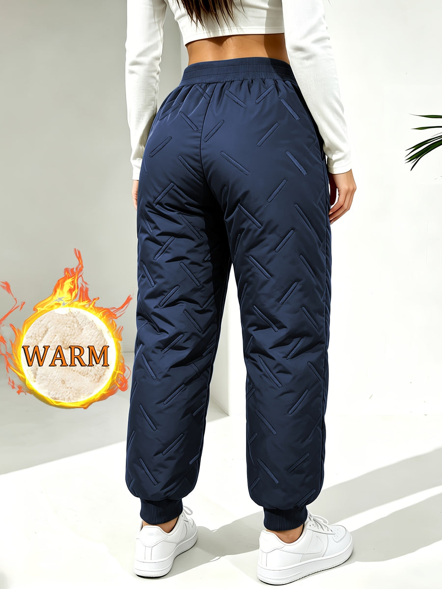 Hidkat Women's Winter Thermal Trousers - -Lined Thickened Pants with Soundwave Technology Embossed Fabric, Zipper Pockets & Adjustable Waist, Cuffed Tapered Trousers Suitable for Outdoor Casual Wear, Gift Exchange (Hand Washable) - Dark Blue
